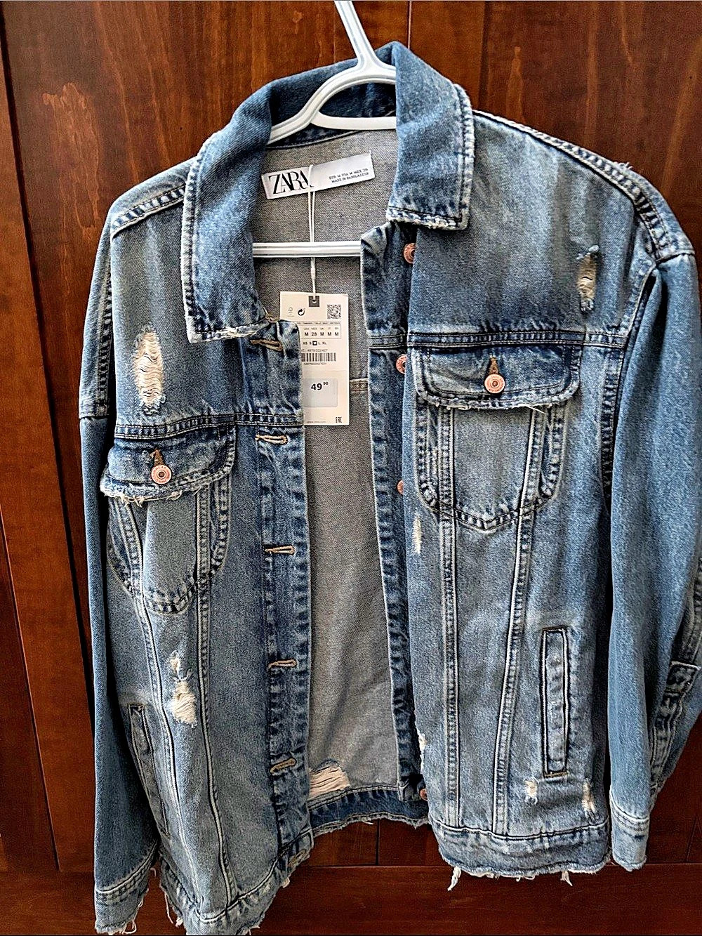 Zara Oversized Distressed Denim Jacket Distressed Denim Jacket in Blue Size